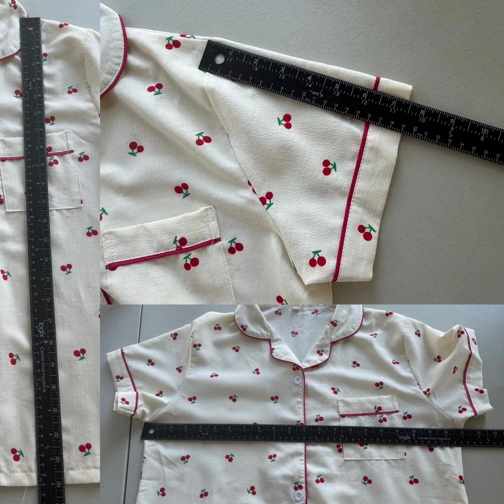 Women M Cream Red Cherry Print Pajama Set Short Sleeve Button Down Top and Pants
